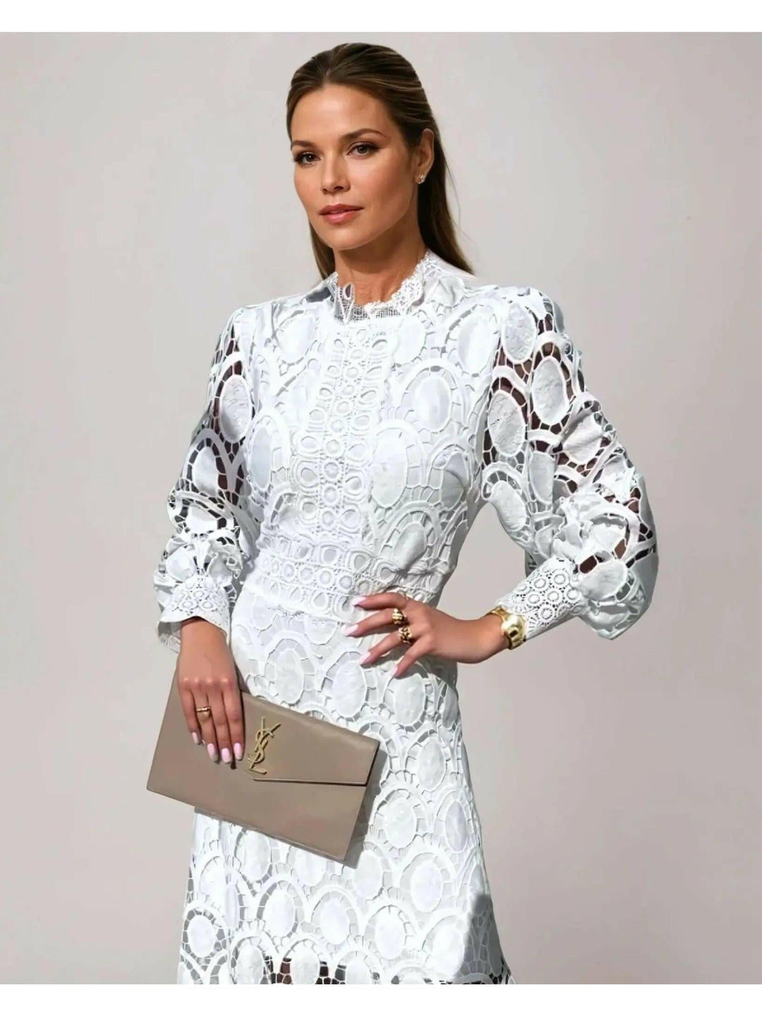 Odalie | Radiant Long Sleeve Lace Midi Dress for Women