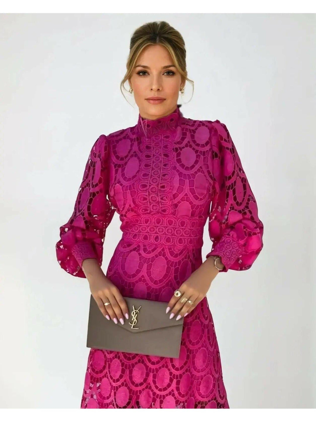 Odalie | Radiant Long Sleeve Lace Midi Dress for Women