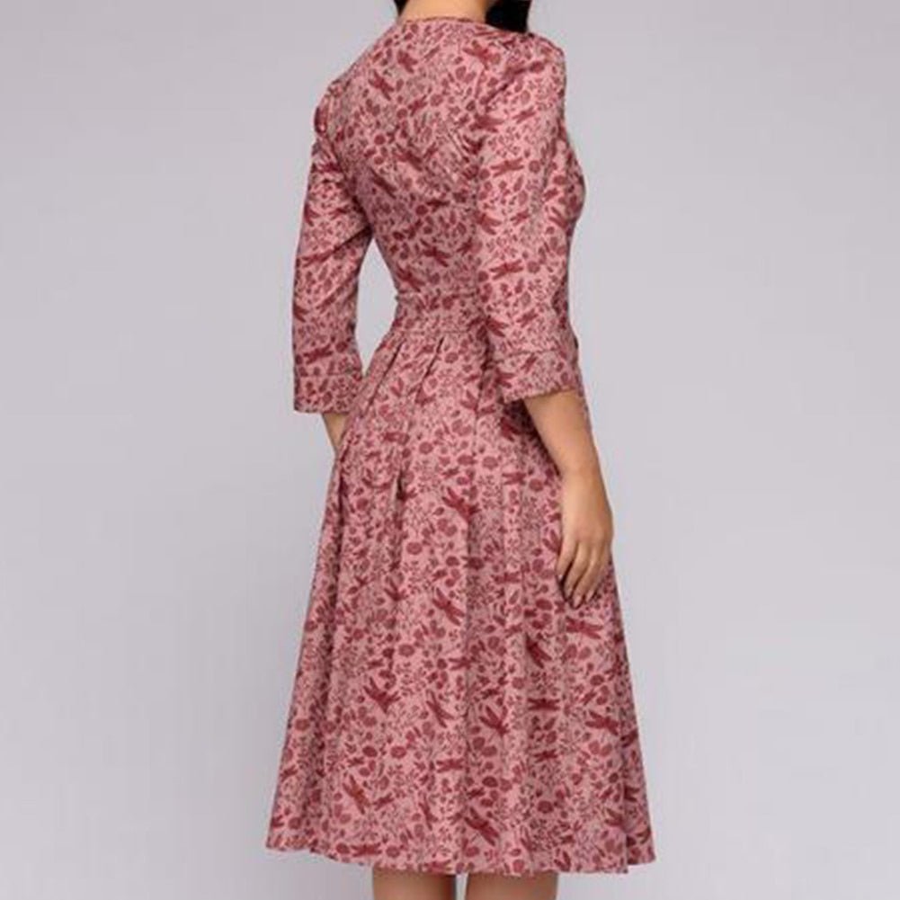 Flavie | Waisted Floral Midi Dress with Sleeves for Women