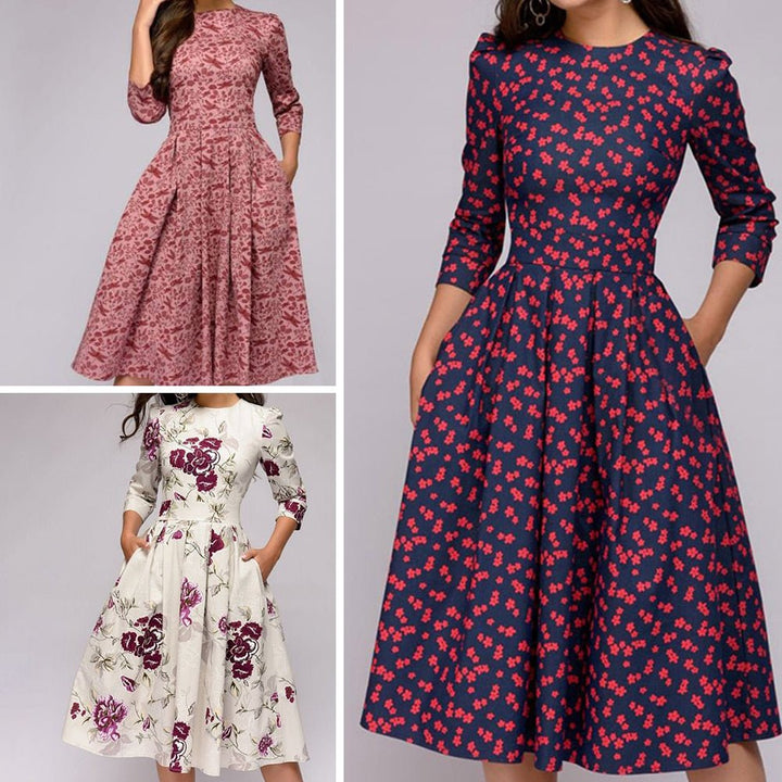 Flavie | Waisted Floral Midi Dress with Sleeves for Women