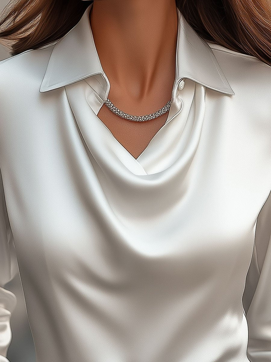 Lucienne | Veiled White Draped Satin Blouse for Women