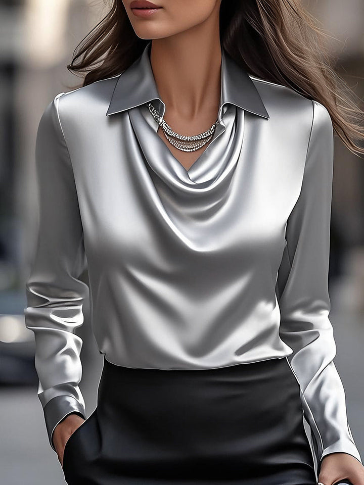 Lucienne | Veiled White Draped Satin Blouse for Women