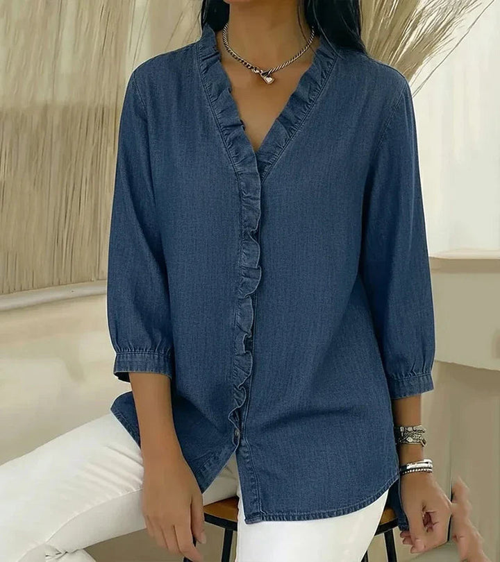 Ottilie | Fluttering Ruffle Trim Denim Shirt for Women