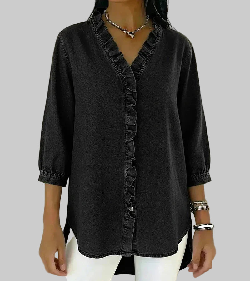 Ottilie | Fluttering Ruffle Trim Denim Shirt for Women