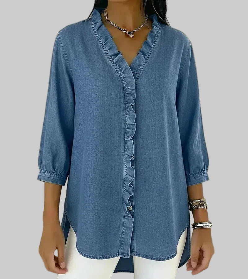 Ottilie | Fluttering Ruffle Trim Denim Shirt for Women