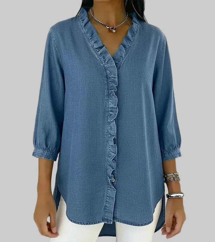 Ottilie | Fluttering Ruffle Trim Denim Shirt for Women