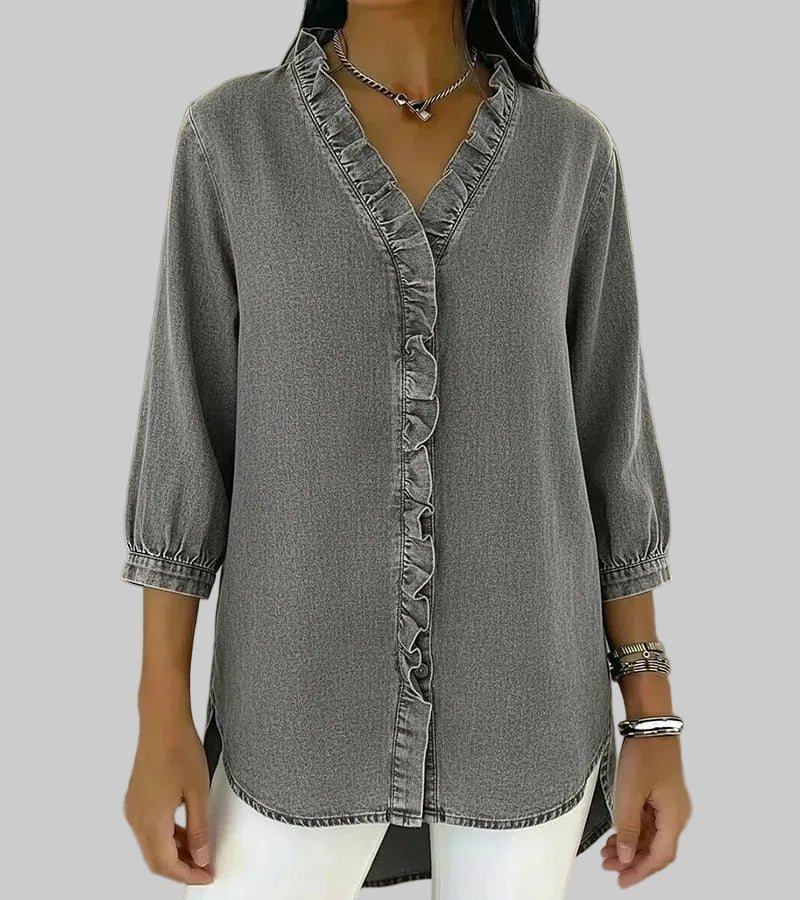 Ottilie | Fluttering Ruffle Trim Denim Shirt for Women