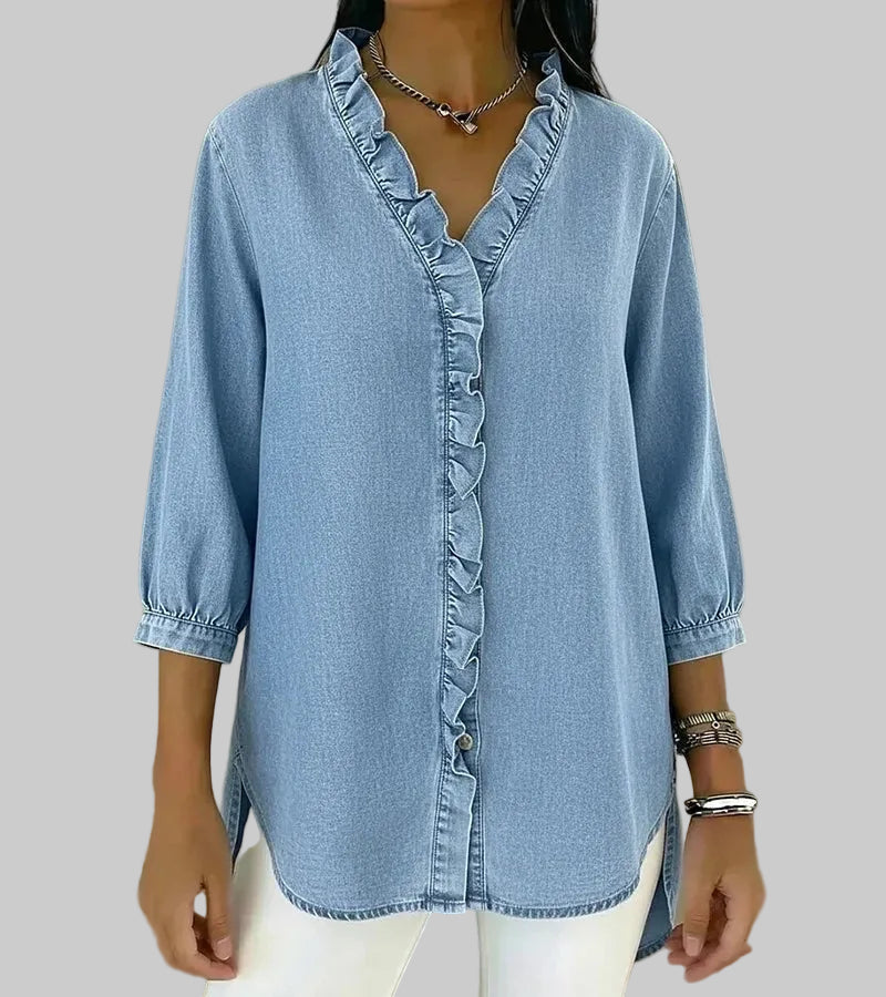 Ottilie | Fluttering Ruffle Trim Denim Shirt for Women