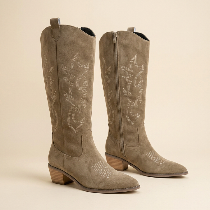 Hattie │ Knee-High Suede Western Cowboy Boot with Stacked Heel for Women