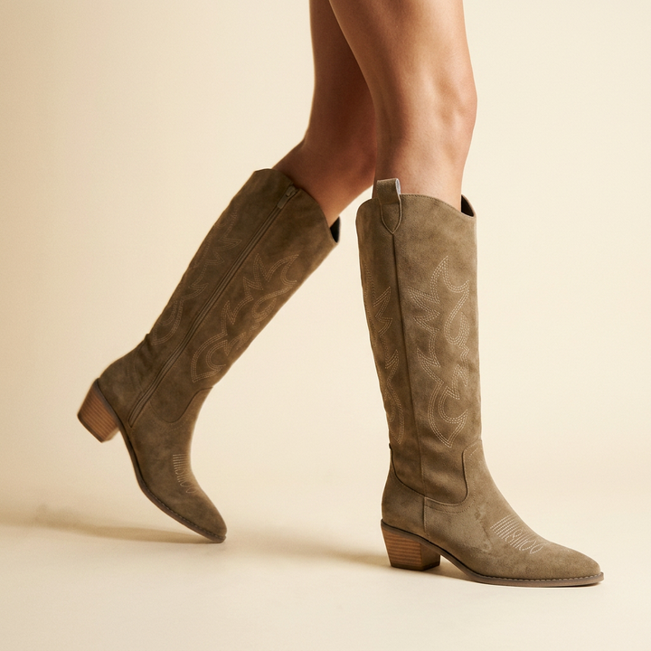 Hattie │ Knee-High Suede Western Cowboy Boot with Stacked Heel for Women