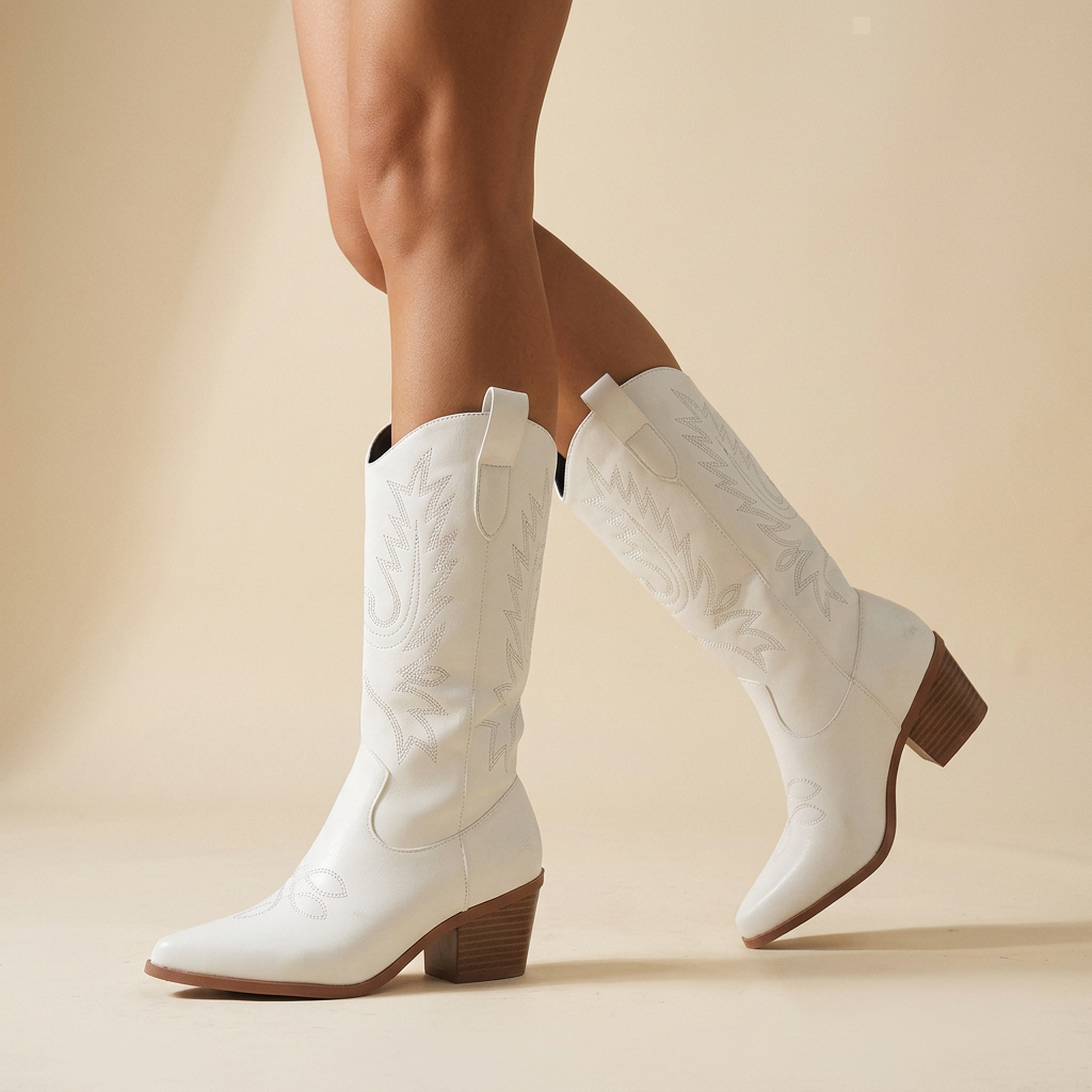 Jolene │ Knee-High White Faux Leather Western Boot with Block Heel for Women