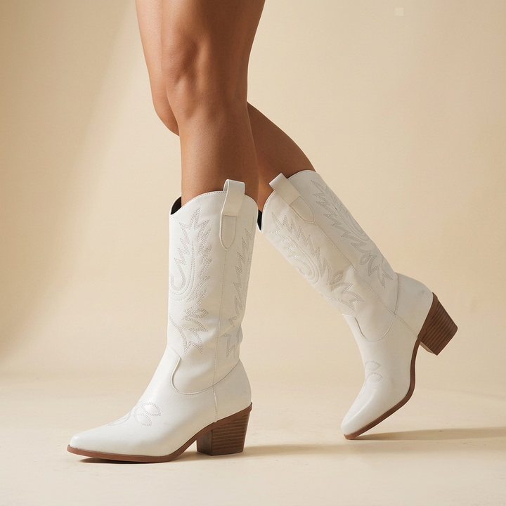 Jolene │ Knee-High White Faux Leather Western Boot with Block Heel for Women
