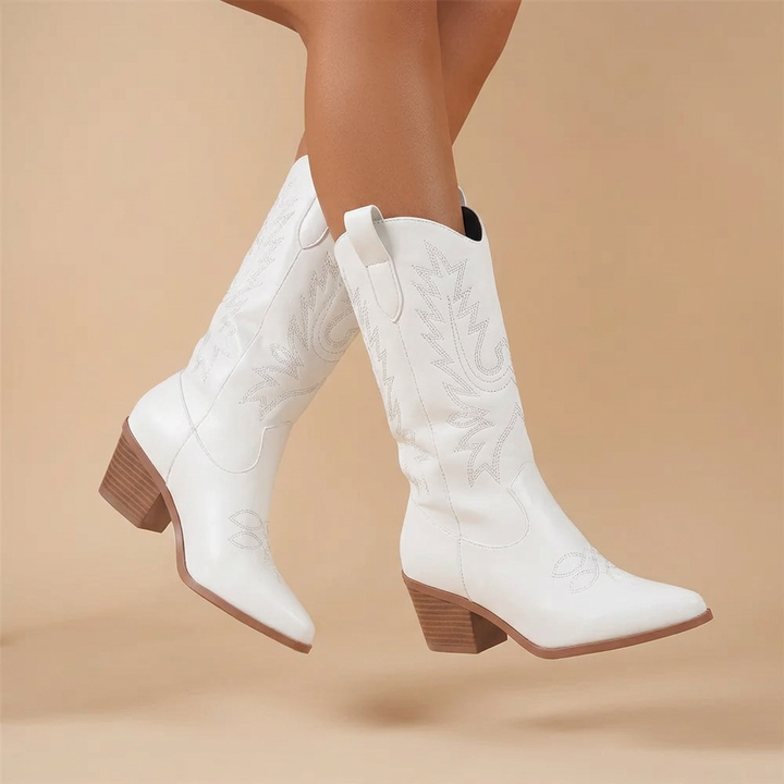 Jolene │ Knee-High White Faux Leather Western Boot with Block Heel for Women