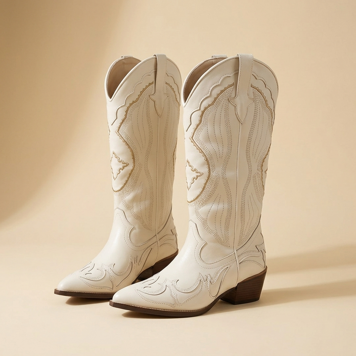 Remi │ Knee-High Ivory Faux Leather Embroidered Western Boot for Women