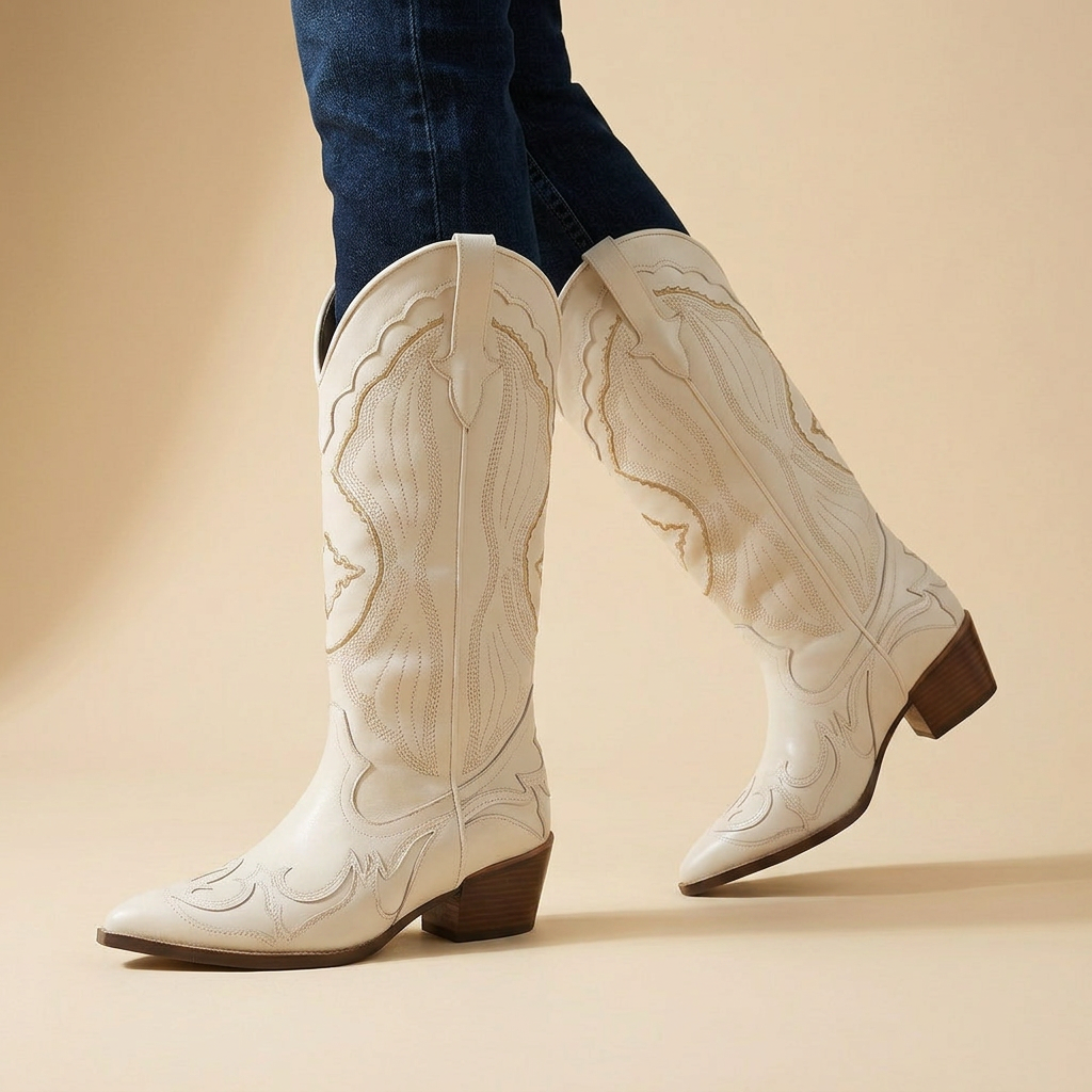 Remi │ Knee-High Ivory Faux Leather Embroidered Western Boot for Women