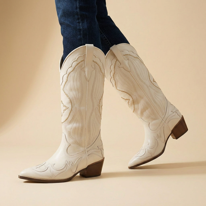 Remi │ Knee-High Ivory Faux Leather Embroidered Western Boot for Women