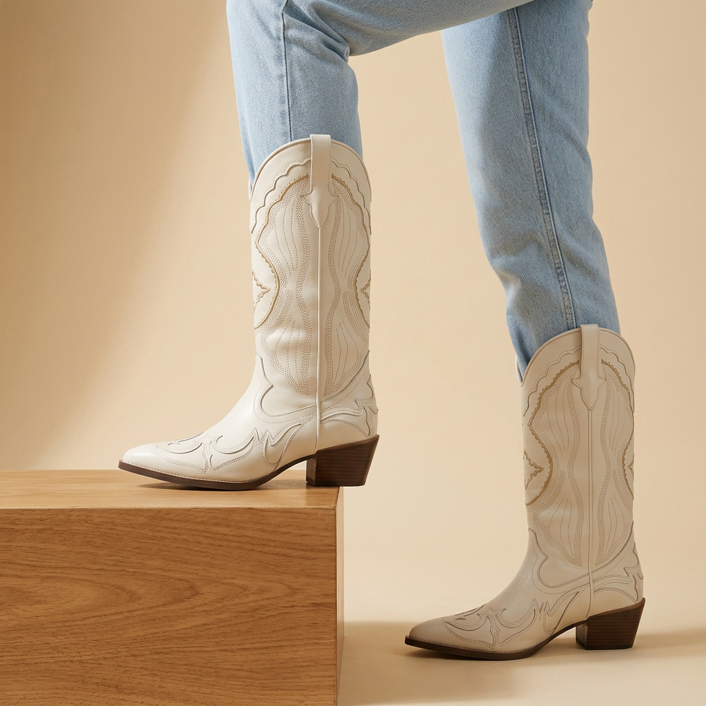 Remi │ Knee-High Ivory Faux Leather Embroidered Western Boot for Women