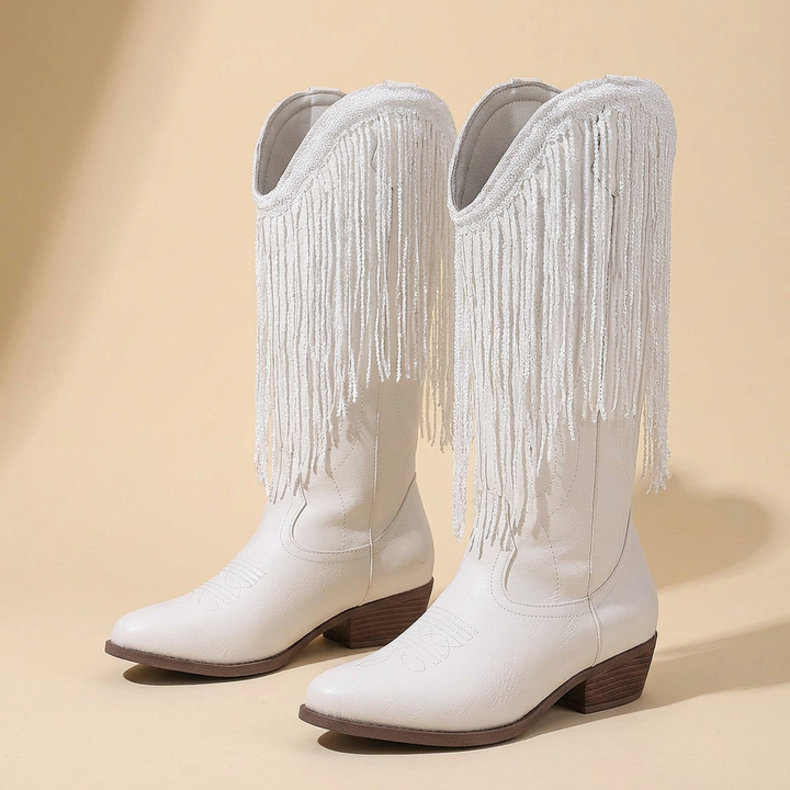 Dolly │ Knee-High White Faux Leather Fringe Western Boot for Women
