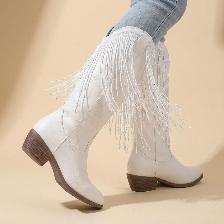 Dolly │ Knee-High White Faux Leather Fringe Western Boot for Women