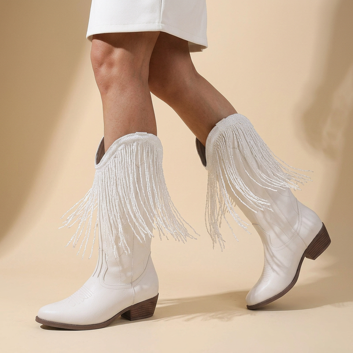 Dolly │ Knee-High White Faux Leather Fringe Western Boot for Women