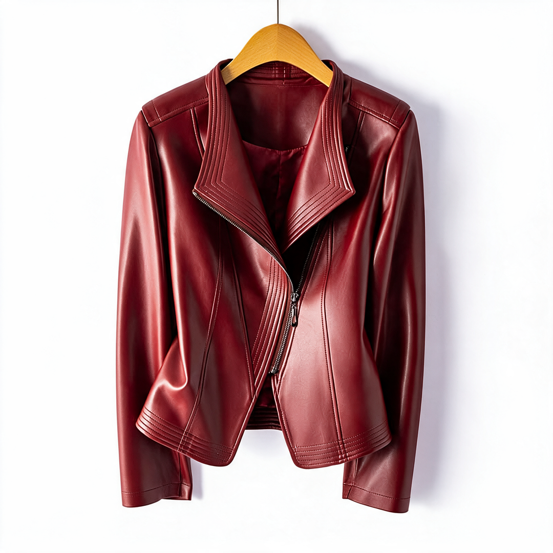 Red faux leather biker jacket for women