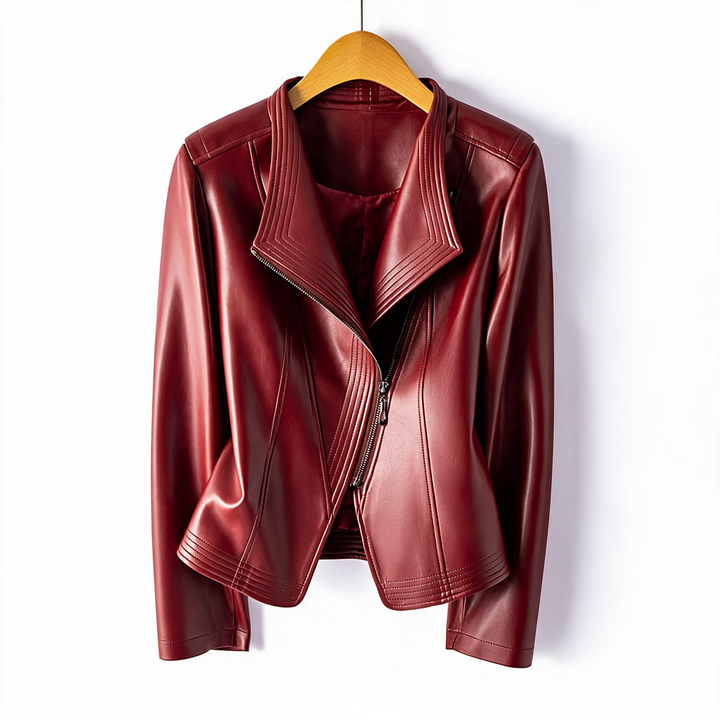 Red faux leather biker jacket for women