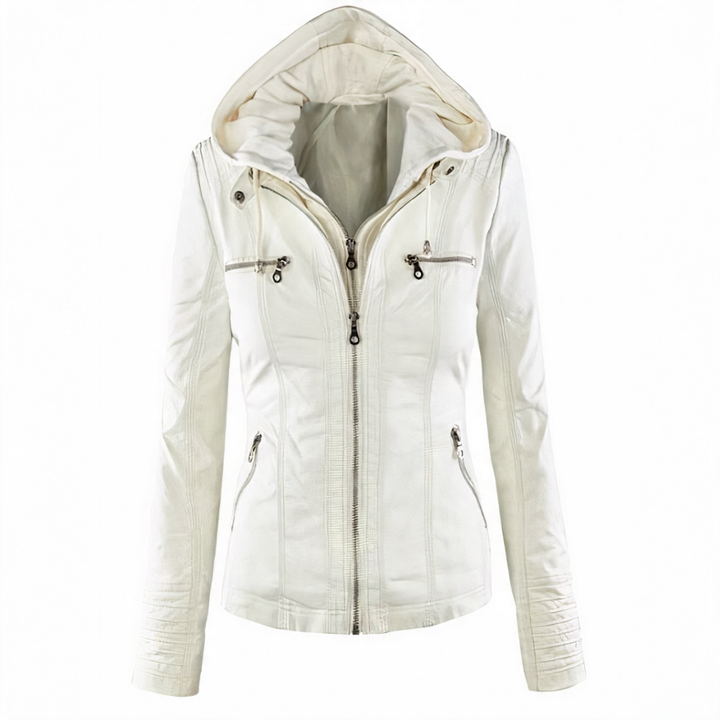 Ivory hooded faux leather jacket for women