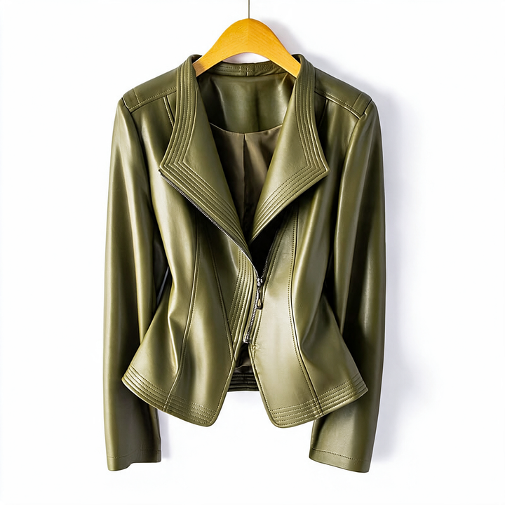 Olive green faux leather biker jacket for women