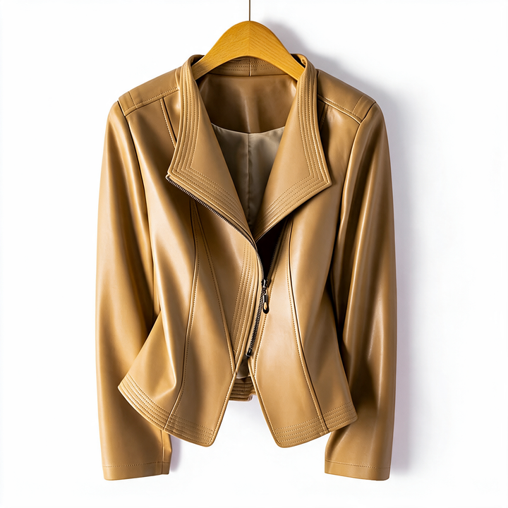 Camel faux leather biker jacket for women