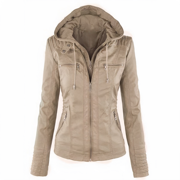 Beige hooded faux leather jacket for women