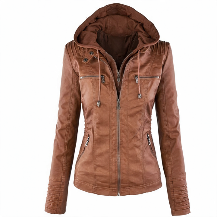 Tan hooded faux leather jacket for women