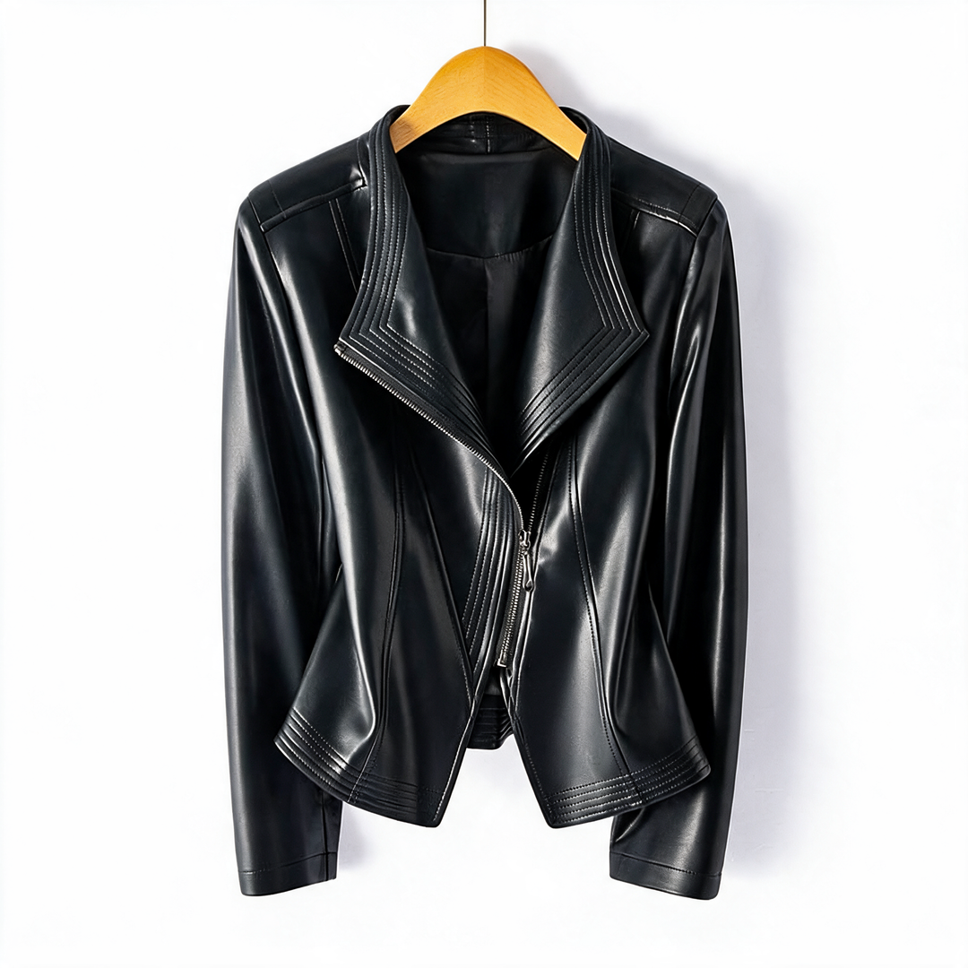 Black faux leather biker jacket for women