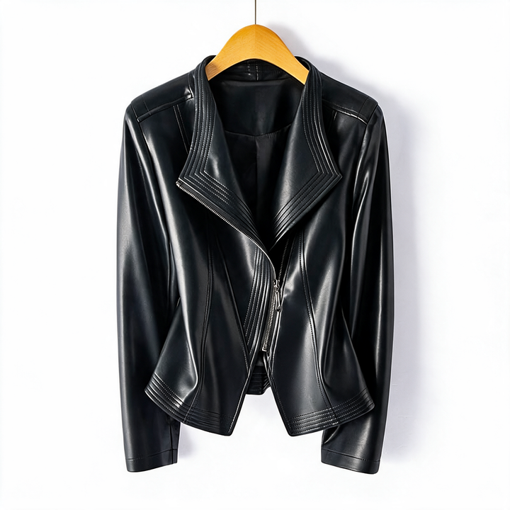 Black faux leather biker jacket for women