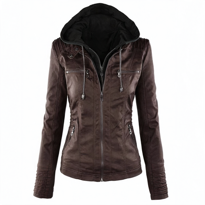 Brown hooded faux leather jacket for women