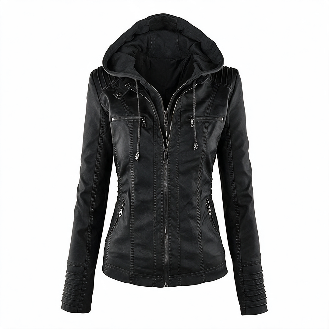 Black hooded faux leather jacket for women
