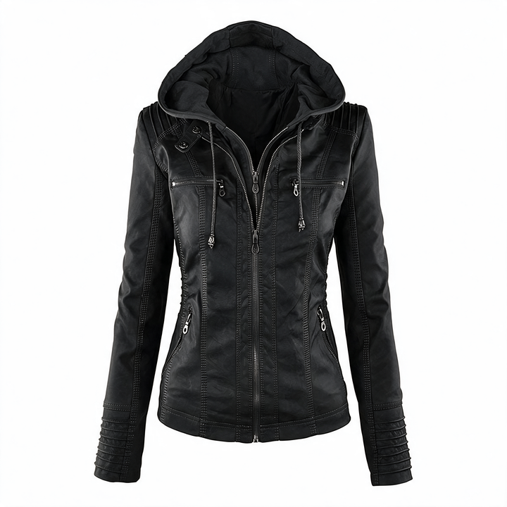 Black hooded faux leather jacket for women