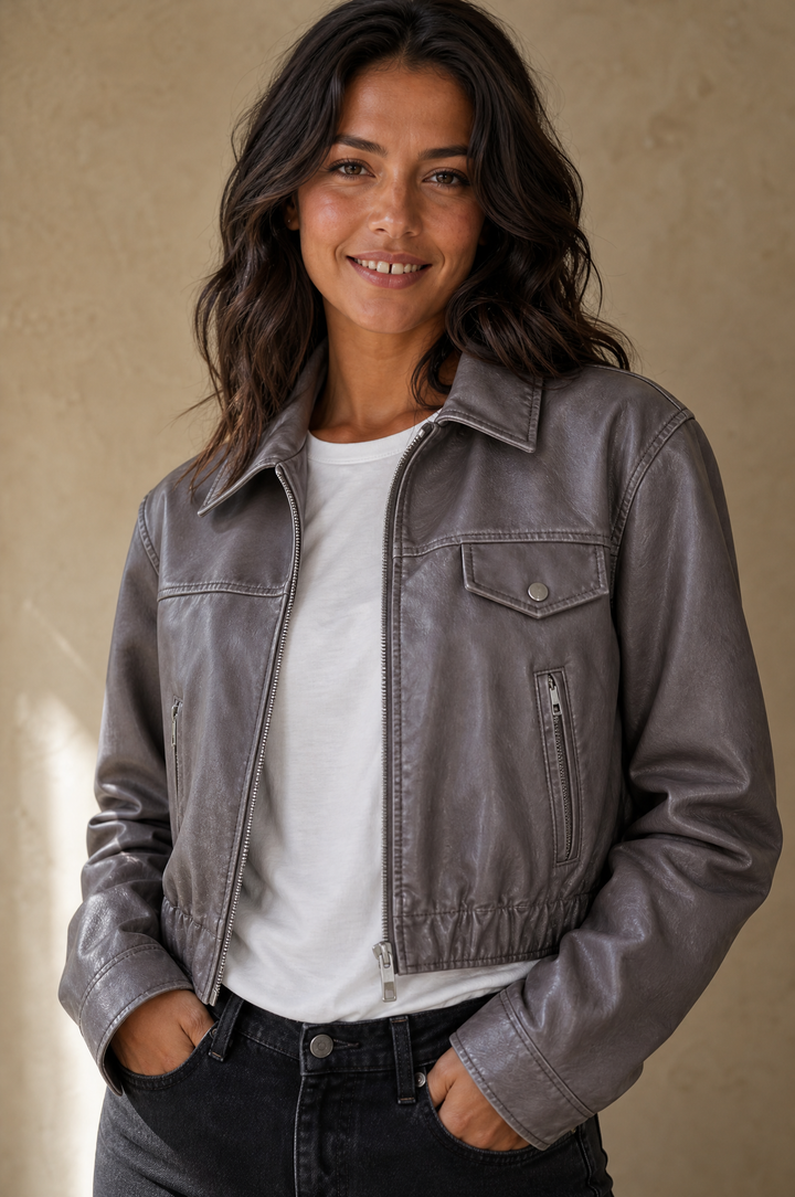 Colette | Rugged Distressed Faux Leather Trucker Jacket
