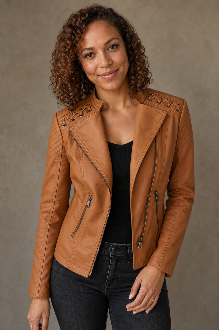 Priscilla | Soft Tan Faux Leather Jacket for Women
