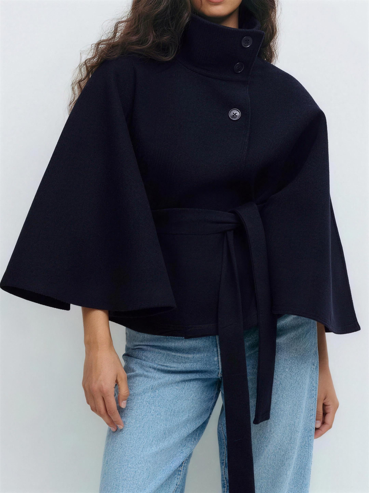 Navy wool blend cape coat for women