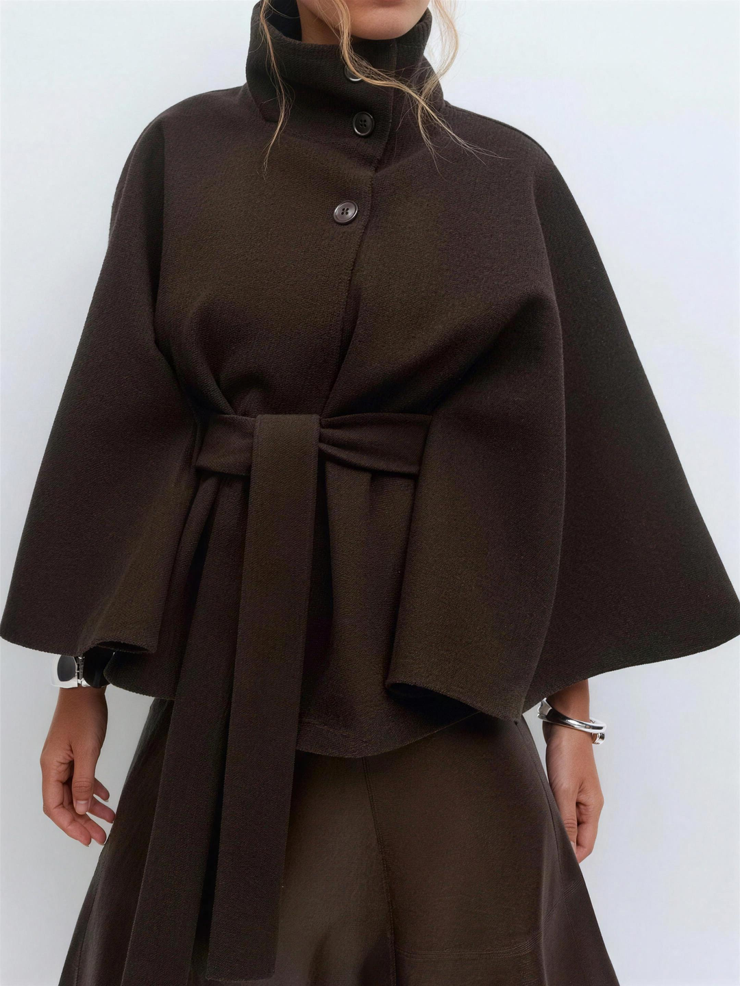 Navy wool blend cape coat for women