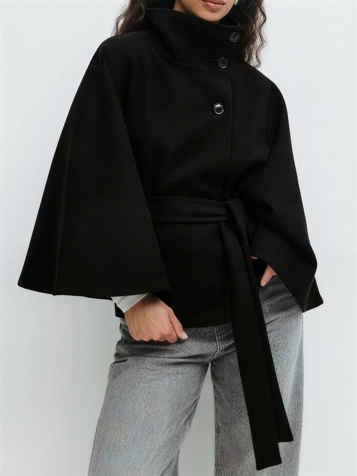 Navy wool blend cape coat for women