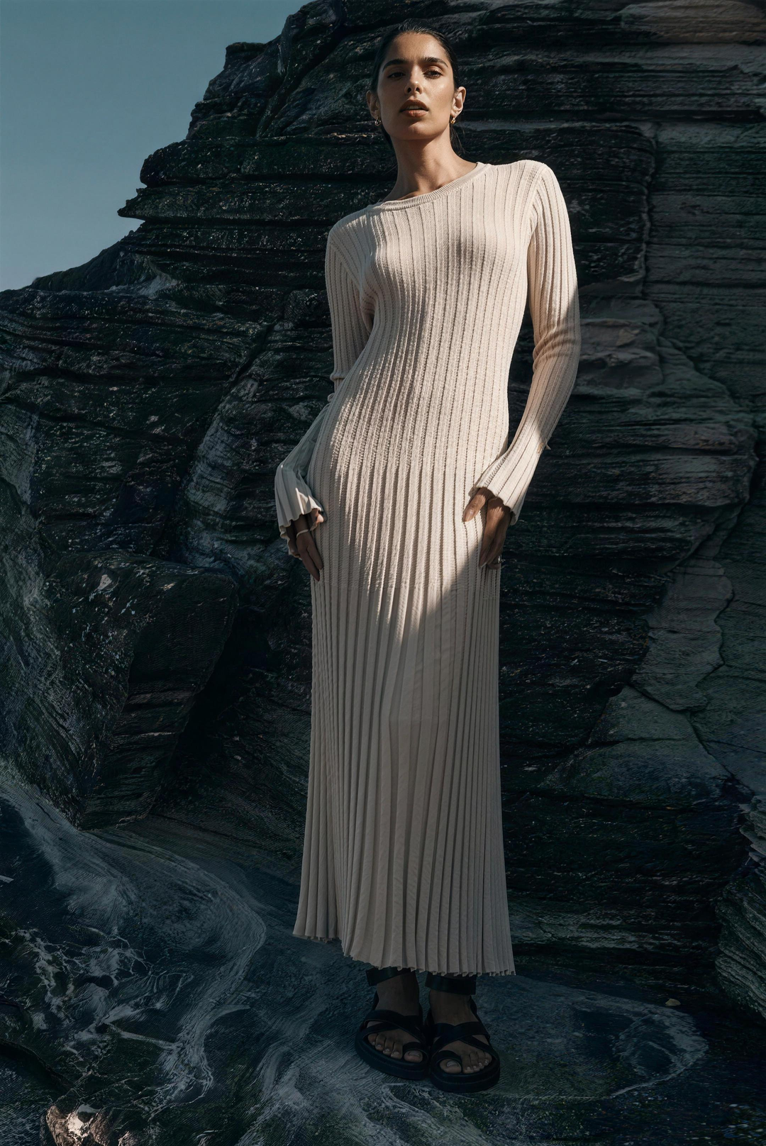 Long sleeve ribbed knit sweater dress for women