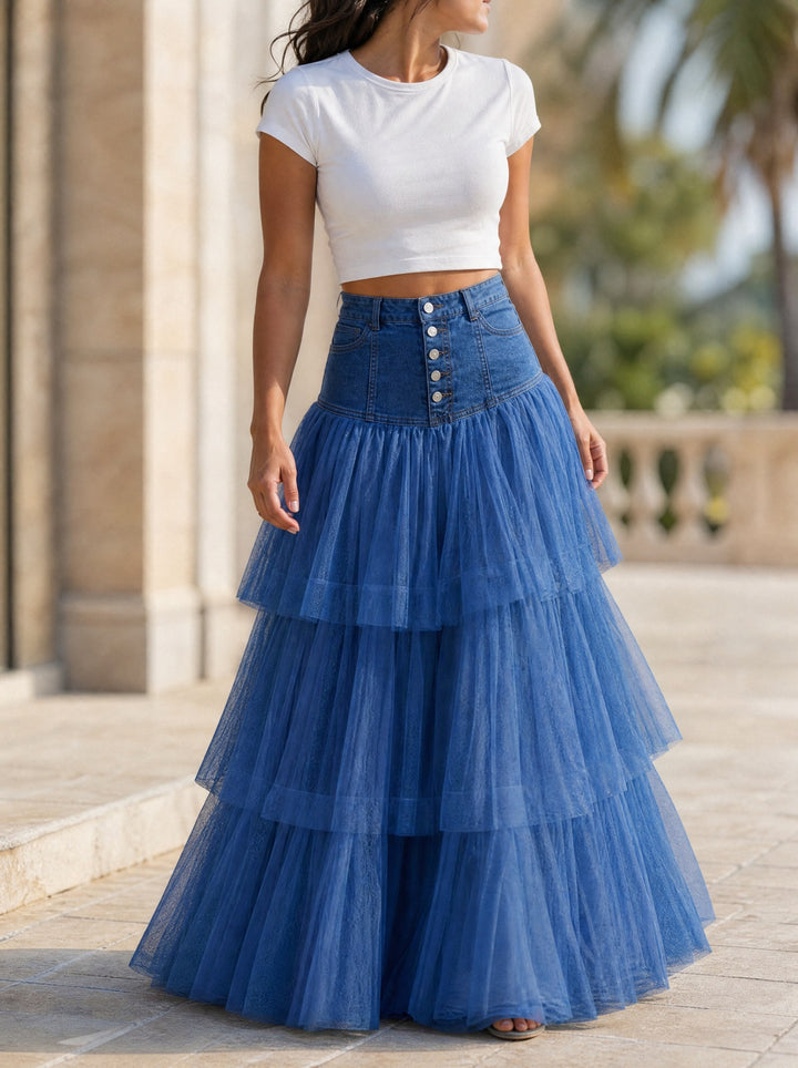 Hildegarde | Netted Tiered Denim Tulle Skirt for Women