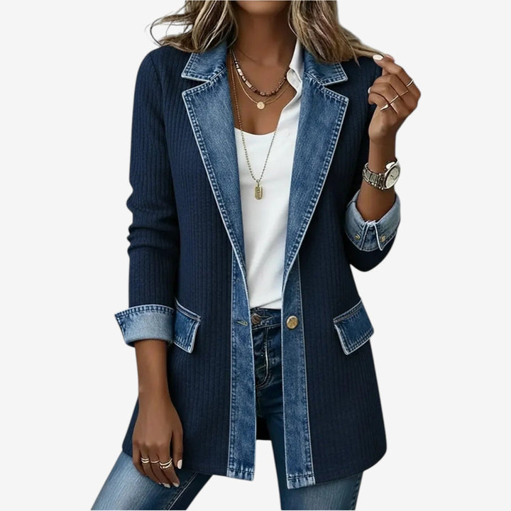 Celestine | Textured Ribbed Knit Denim Trim Jacket for Women