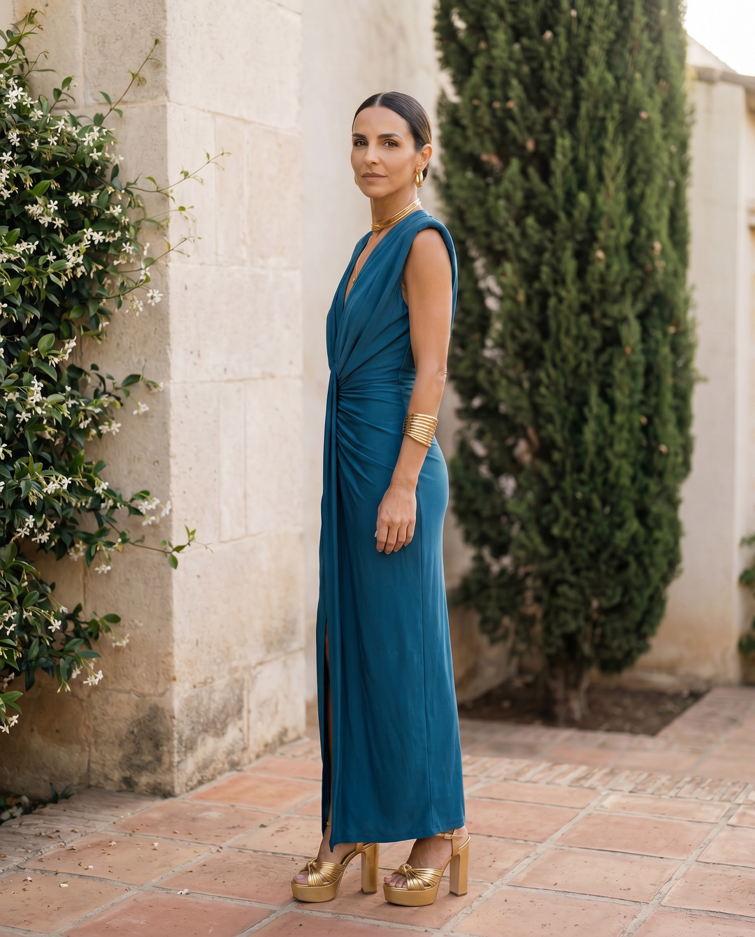 Jade | Shirred High Slit Evening Dress for Women