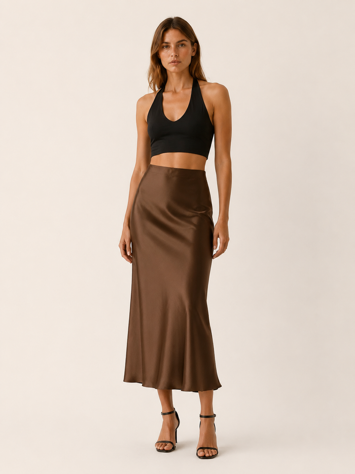Maribel | Rippling Satin High Waist Midi Skirt for Women