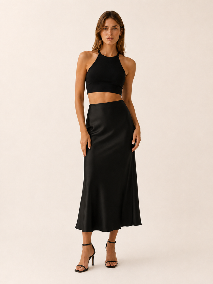 Maribel | Rippling Satin High Waist Midi Skirt for Women