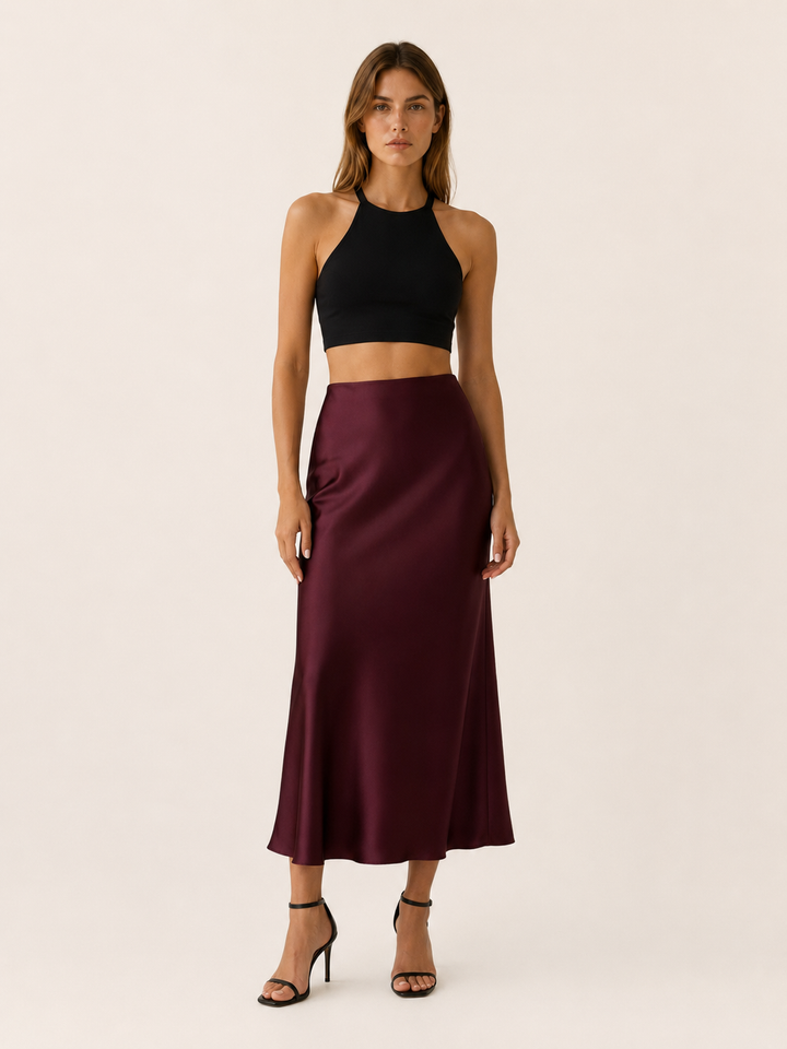 Maribel | Rippling Satin High Waist Midi Skirt for Women