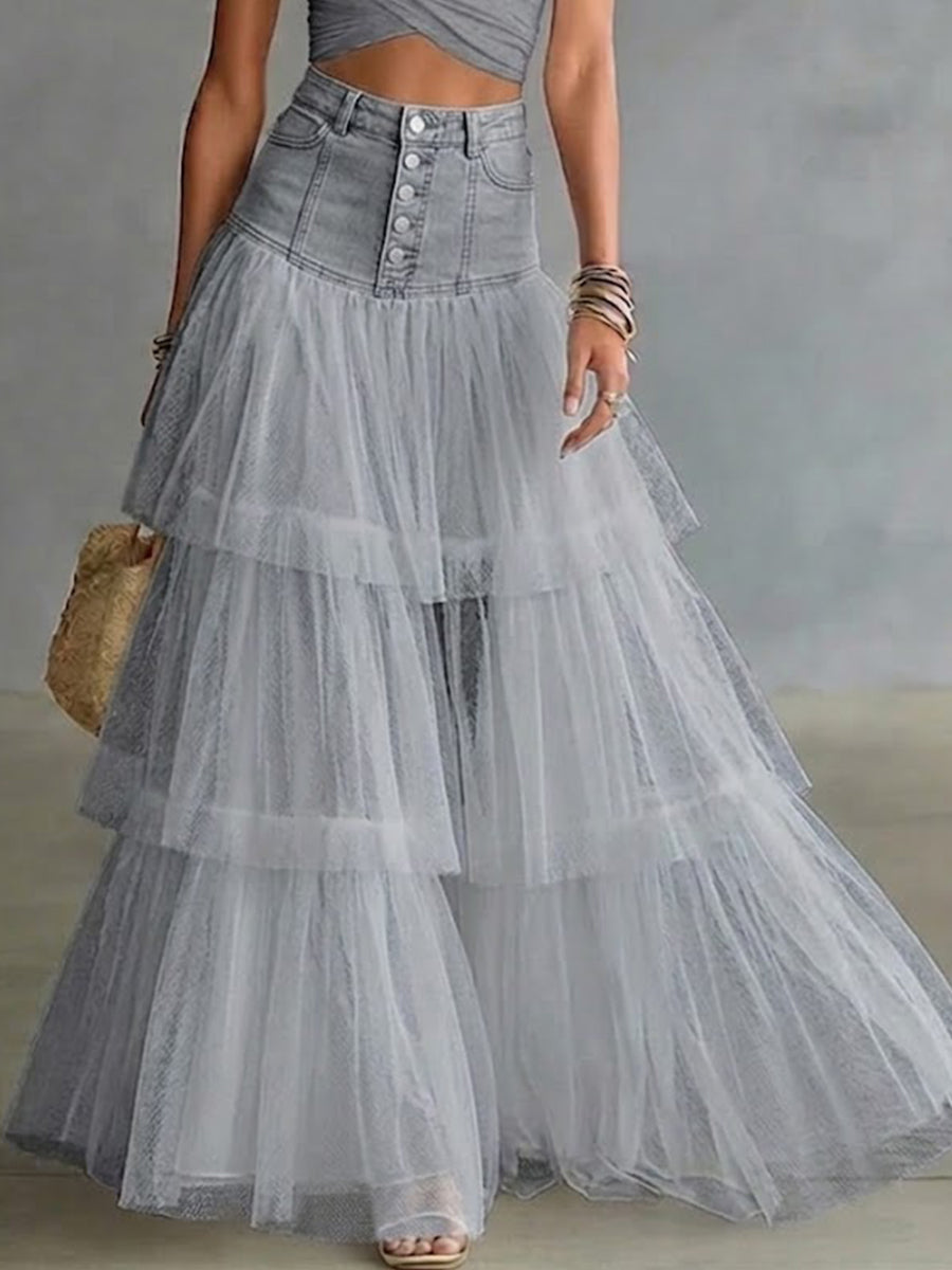 Hildegarde | Netted Tiered Denim Tulle Skirt for Women
