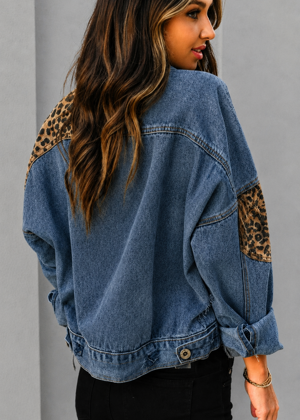 Guillemette | Patched Leopard Panel Denim Trucker Jacket for Women